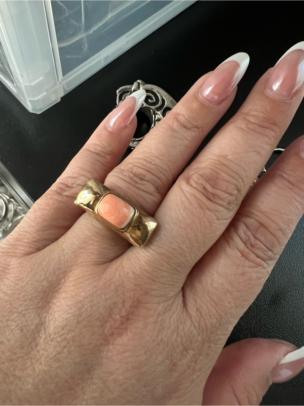 Dian Malouf Two-Tone SS & 14kt Statement Ring with Coral Pink Cabochon - Picture 2 of 10